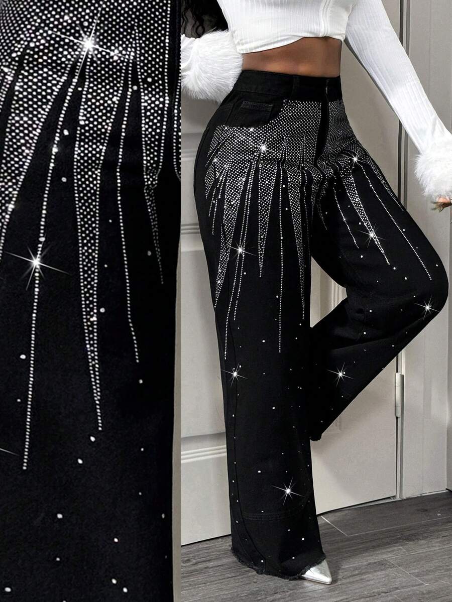 Slaydiva Women's High Waist Pockets Rhinestone Embellished Wide Leg Loose Casual Versatile Jeans - Black - View 1
