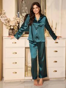LuxeNights Ensemble de pyjama femme en fausse soie à manches longues et pantalon long, nouvelle collection automne/hiver - Vert sapin - Voir 4