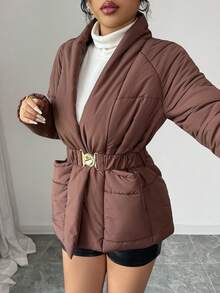 Selianne Abito lungo elegante con design vita stretta, cappotto di lusso in misto lana, adatto per feste, Ognissanti, Natale, Capodanno, Ringraziamento, inverno - Caffè Marrone - Visualizzare 3