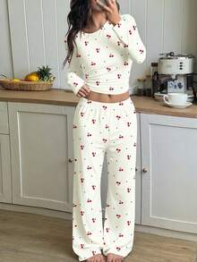 Vintage Sweet Mini Cherry Heart Print, Ballerina Style, Teen Girl Autumn/Winter Round Neck Raglan Long Sleeve T-Shirt And Loose Pants Casual Pajama Set, 2pcs, Suitable For Christmas Loungewear - Multicolor - View 1