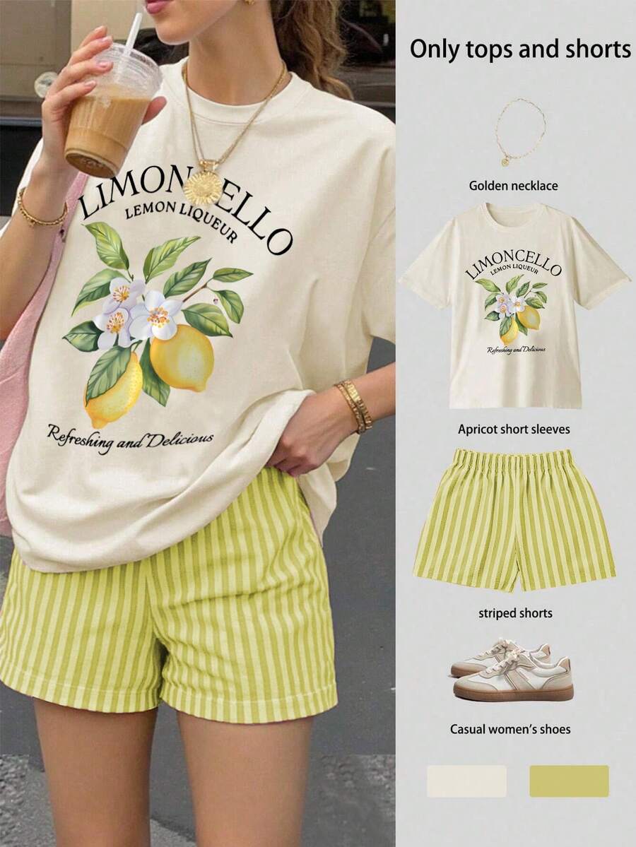 Jouncy 2pcs/Set Women's Casual Lemon Print T-Shirt & Striped Shorts, Summer
