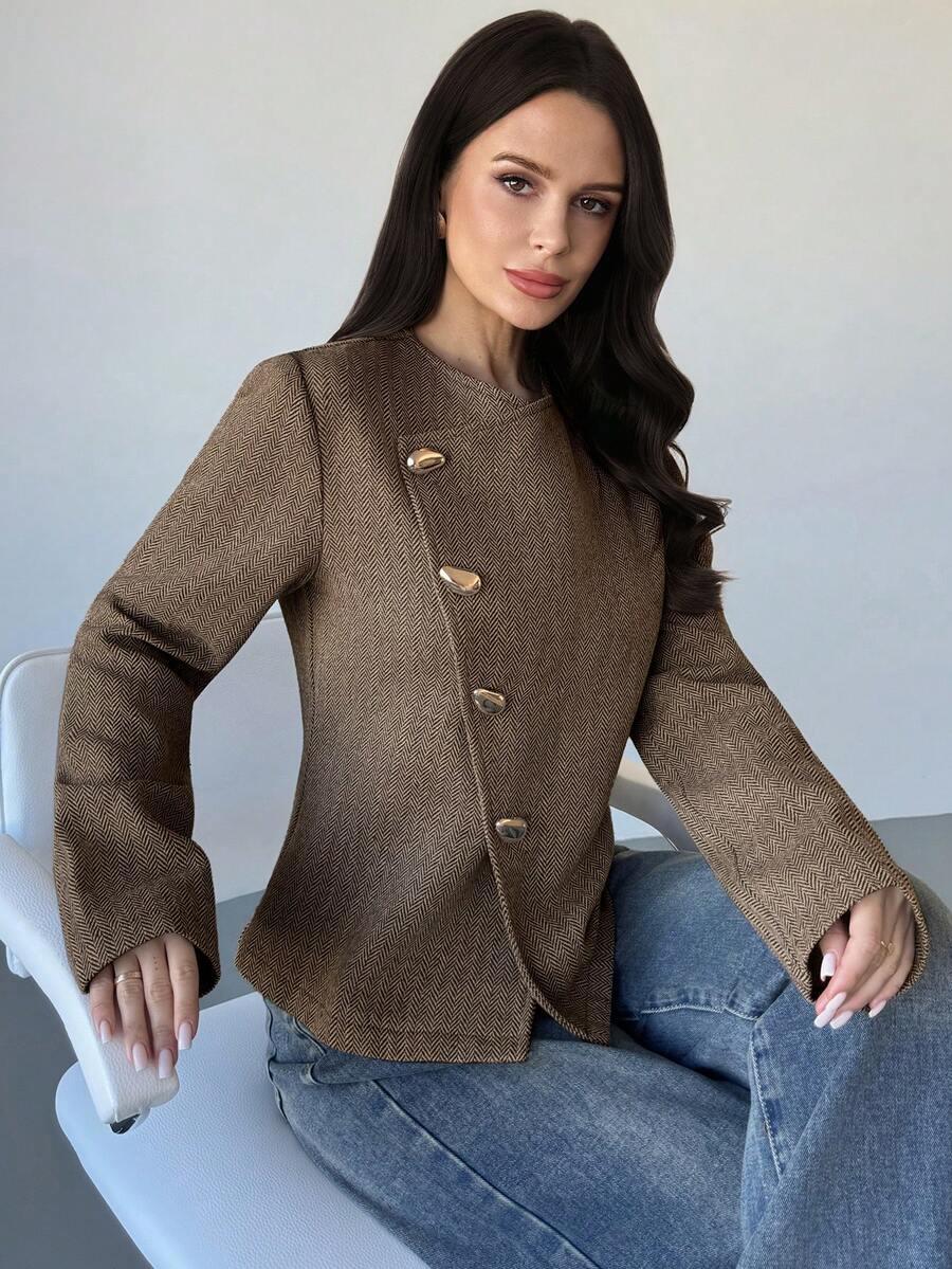 Firerie Women's Elegant Refined Casual Daily Commute New Street Fashion Urban Chic Oblique Placket Metal Button Waist Cinched Long Sleeve Double-Faced Coat, Autumn/Winter - Brown - View 1