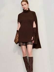 Airaco 女士纯色时尚现代高领斗篷毛衣 - 棕色 - 查看 5