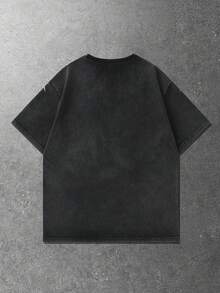 ROMWE MEN Goth 男士复古水洗哥特印花短袖T恤，夏季 - 黑色 - 查看 2