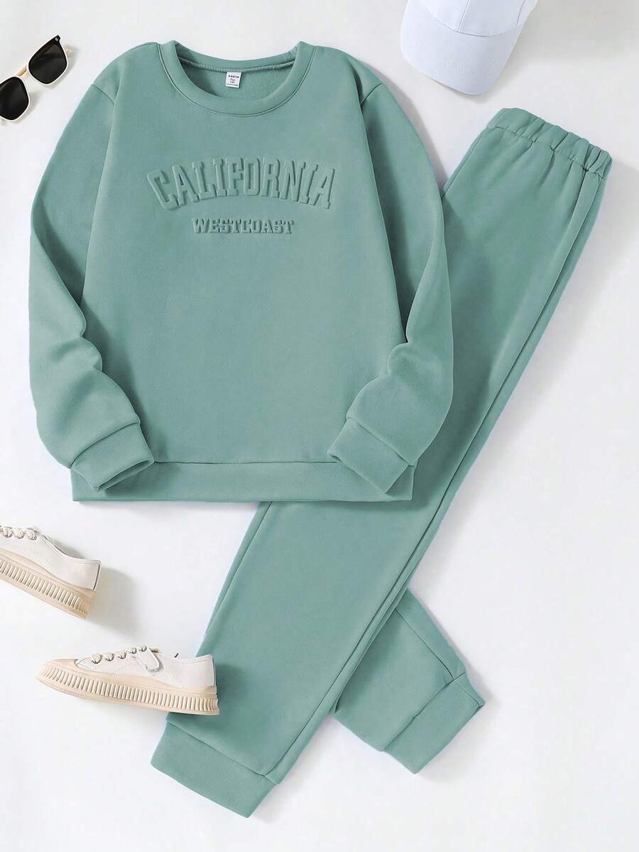 SHEIN Sparklyn 2件套少女休闲圆领卫衣和裤子套装 - 綠色 - 查看 1