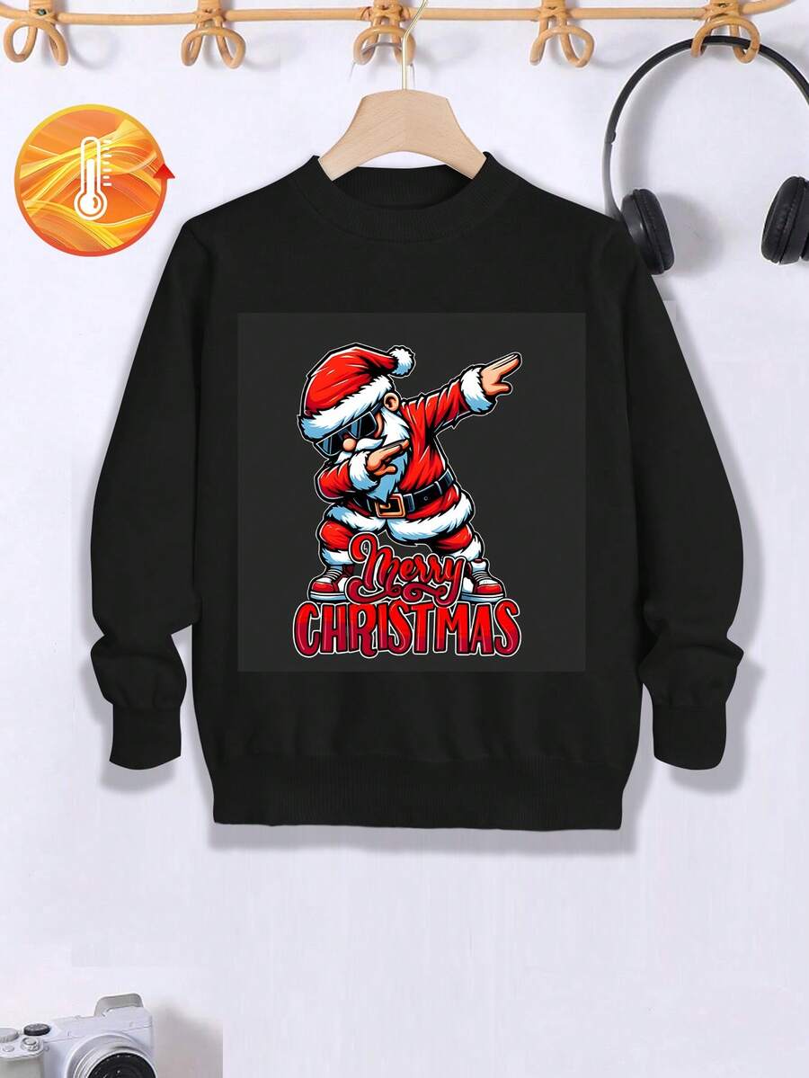 Tween Boy Christmas Cool Santa Claus Graphic Street Fashion Comfortable Printed Pullover Sweaters - Black - View 1