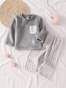 男婴灰色格子长袖睡衣套装