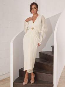 Modelyn 女式纯色深V领优雅长袖连衣裙 - 杏色 - 查看 5