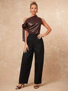 Lumalex Women's Elegant High-End Oblique Sickle Design Long Pants, Suitable For Autumn/Winter Party Black Pants High Waisted Pants - Black - View 3