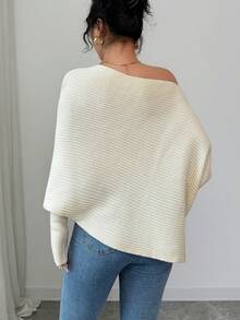 SHEIN Elenzya Suéter blanco de manga larga con textura acanalada, elegante y clásico para mujer, otoño/invierno - Crema - Ver 2