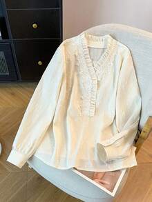 GlowEve CURVE Plus Size Women Elegant Solid Color Jacquard Lace Patchwork V-Neck Long Sleeve Button-Up Shirt, Suitable For Commute And Everyday Wear - Apricot - View 8