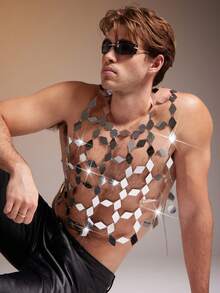 FeverCity Men's Sequin Sexy Hollow-Out Mesh Tank Top - Silver - View 6