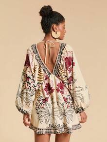 Travachic 度假风梭织印花V领宽松女士迷你连衣裙 - 彩色 - 查看 2