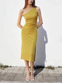 Maija 2025 Casual Elegant Textured Pleated Asymmetric One Shoulder Midi Dress, Mustard Yellow, Suitable For Early Autumn, Back To School, Party Season One Shoulder Dress One Sleeve Dress Yellow Dress Gold Dress Ribbed Dress - Mustard Yellow - View 8