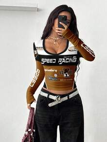 Coolane Áo thun nữ cổ chữ V dáng corset họa tiết xe đua Công thức 1 thời kỳ Y2K. Phong cách đường phố, cổ điển, tựu trường, retro, câu lạc bộ, cá tính, mùa thu, trang phục thường ngày nữ, thu đông, hip-hop, thẩm mỹ cốt lõi. - Nhiều màu - Xem 5