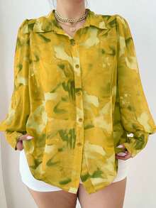 SHEIN Clasi Áo sơ mi dài tay thanh lịch in họa tiết toàn bộ phía trước cỡ lớn - Màu vàng - Xem 2