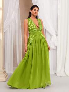 VOLUPTÉ CURVE Vestido de talla grande para el Día de San Valentín, primavera/verano, nueva llegada. Elegante vestido largo de diosa francesa con encaje verde, parches y decoración de lentejuelas, escote en V profundo, sin mangas. Vestido maxi con pliegues en el bajo, ajustado, recomendado para fiestas, cumpleaños y bodas. - Verde - Ver 1
