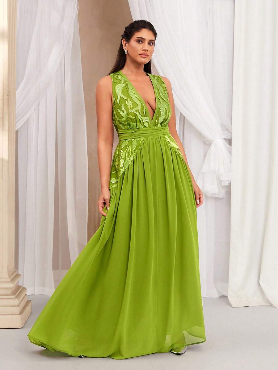VOLUPTÉ CURVE Vestido de talla grande para el Día de San Valentín, primavera/verano, nueva llegada. Elegante vestido largo de diosa francesa con encaje verde, parches y decoración de lentejuelas, escote en V profundo, sin mangas. Vestido maxi con pliegues en el bajo, ajustado, recomendado para fiestas, cumpleaños y bodas. - Verde - Ver 1