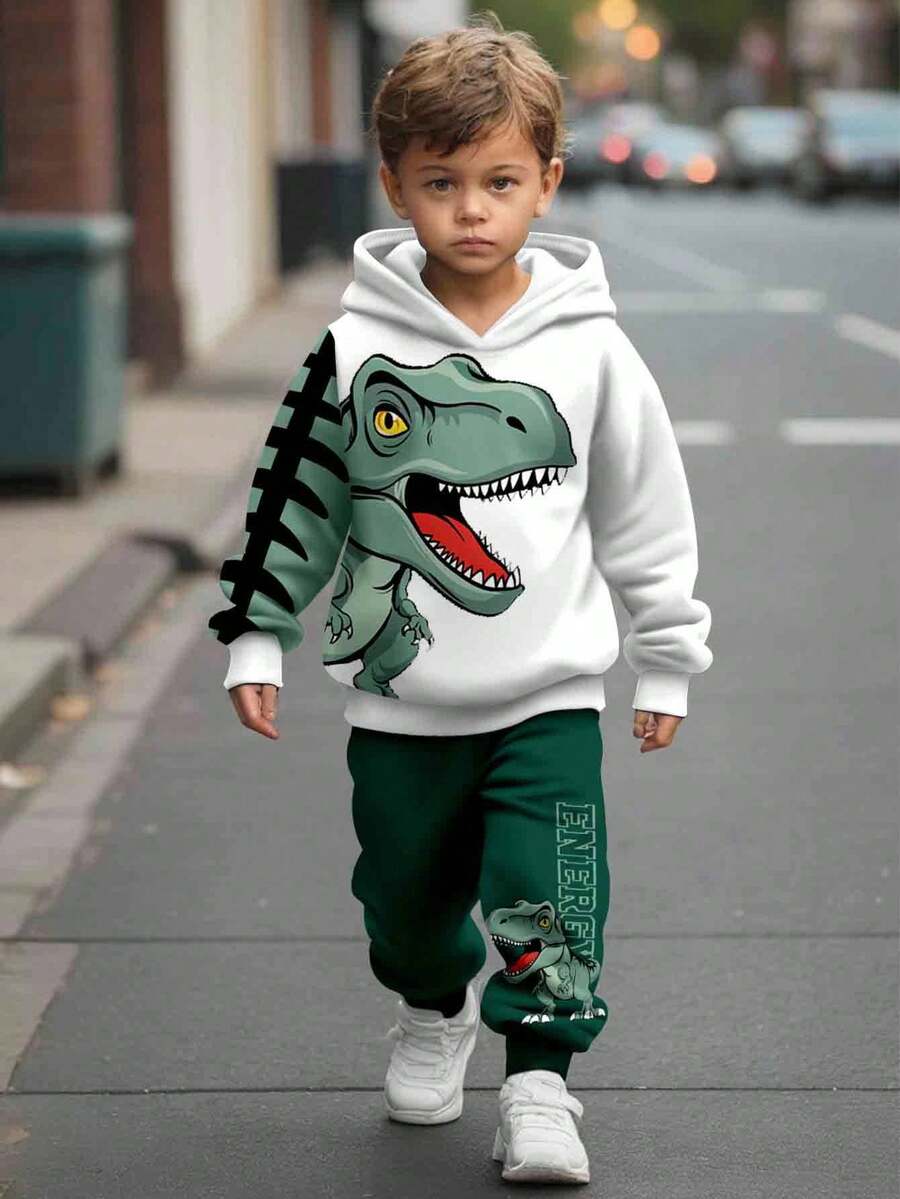 SHEIN 2 st/set Young Boys Casual Tecknad Dinosaurie & Engelska Bokstäver Grafik Lös Passform Bekväm Långärmad Huvtröja, Lämplig För Höst/Vinter - Multifärgad - Visa 1