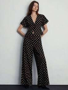 Aveloria Modichic Vintage Polka Dot Asymmetric V-Neck Vest Top And Wide Leg Pants 2 Pieces Set - Multicolor - View 1