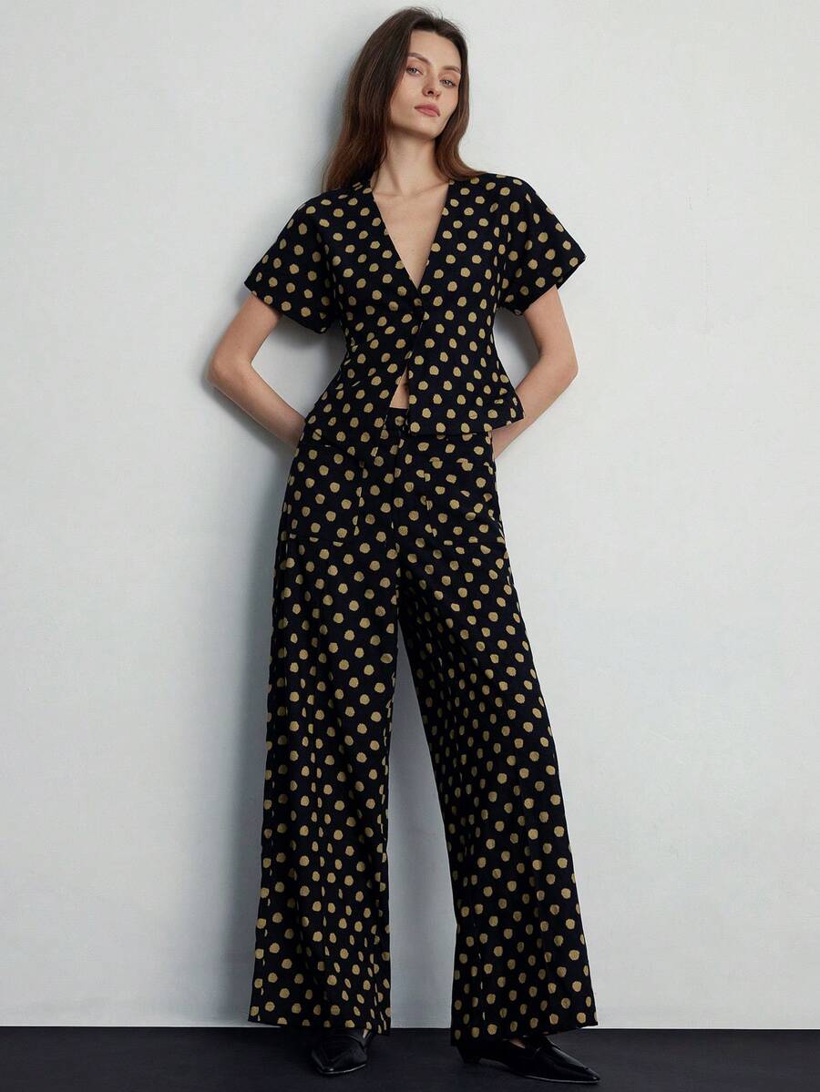 Aveloria Modichic Vintage Polka Dot Asymmetric V-Neck Vest Top And Wide Leg Pants 2 Pieces Set - Multicolor - View 1
