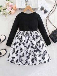 SHEIN Váy họa tiết hoa nhiều màu sắc thường ngày cho bé gái tuổi teen, mùa thu - Đen và trắng - Xem 4