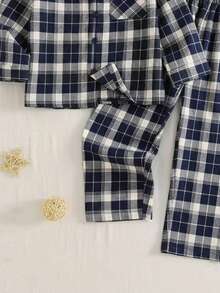 2pcs Young BoyClassic Plaid Shirt & Pants Set, Casual Homewear - Blue - View 8