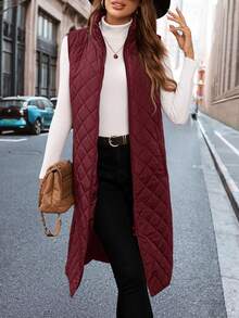 SHEIN Clasi 秋冬季无袖中长款绗缝背心，配有斜插口袋和菱形绗缝设计 - 酒紅色 - 查看 4