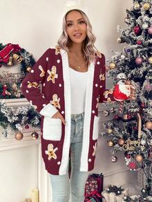 SHEIN LUNE Bear Pattern Dual Pocket Contrast Trim Dual Pocket Cardigan For New Year Clothes - Red - View 6