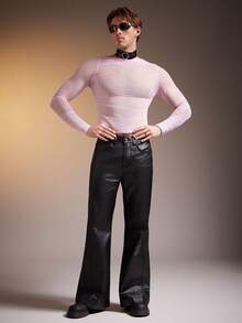 FeverCity 男士透视斜肩纯色简约长袖 T 恤，休闲日常穿着 - 淺粉色 - 查看 3