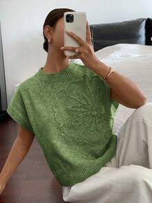 Siren Gaze Women Casual Solid Color 3D Floral Short Sleeve Knitted Top,Knitted Sweater