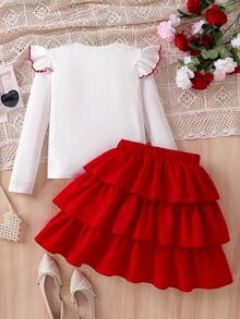 Elladie kids New European Style Round Neck Butterfly Sleeve Long Sleeve Set + A-Line Skirt With Bowknot And Ruffle Hem Top, 2 Piece Set - Red and White - View 2