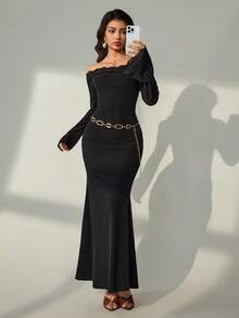 Lyxana Long Flare Sleeve Off Shoulder Contrast Lace Elegant Casual Vacation Dress For Women, Autumn/Winter - Black - View 5
