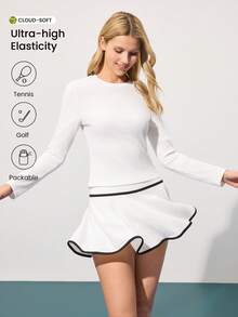 CourtClass CourtClass Women's Round Neck Long Sleeve 2-Piece Sportswear Set,Black And White Contrast A-Line Skort Tennis Dress,Tummy Control Running Golf Athleisure Autumn - White - View 1