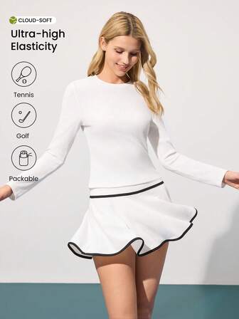 CourtClass Women's Round Neck Fitted Long Sleeve Contrast Color A-Line Skort 2-Piece Sportswear Set, Casual Daily Wear For Tennis, Running Long Sleeve Tennis Top Women S Set Women S Tennis Skirt Set