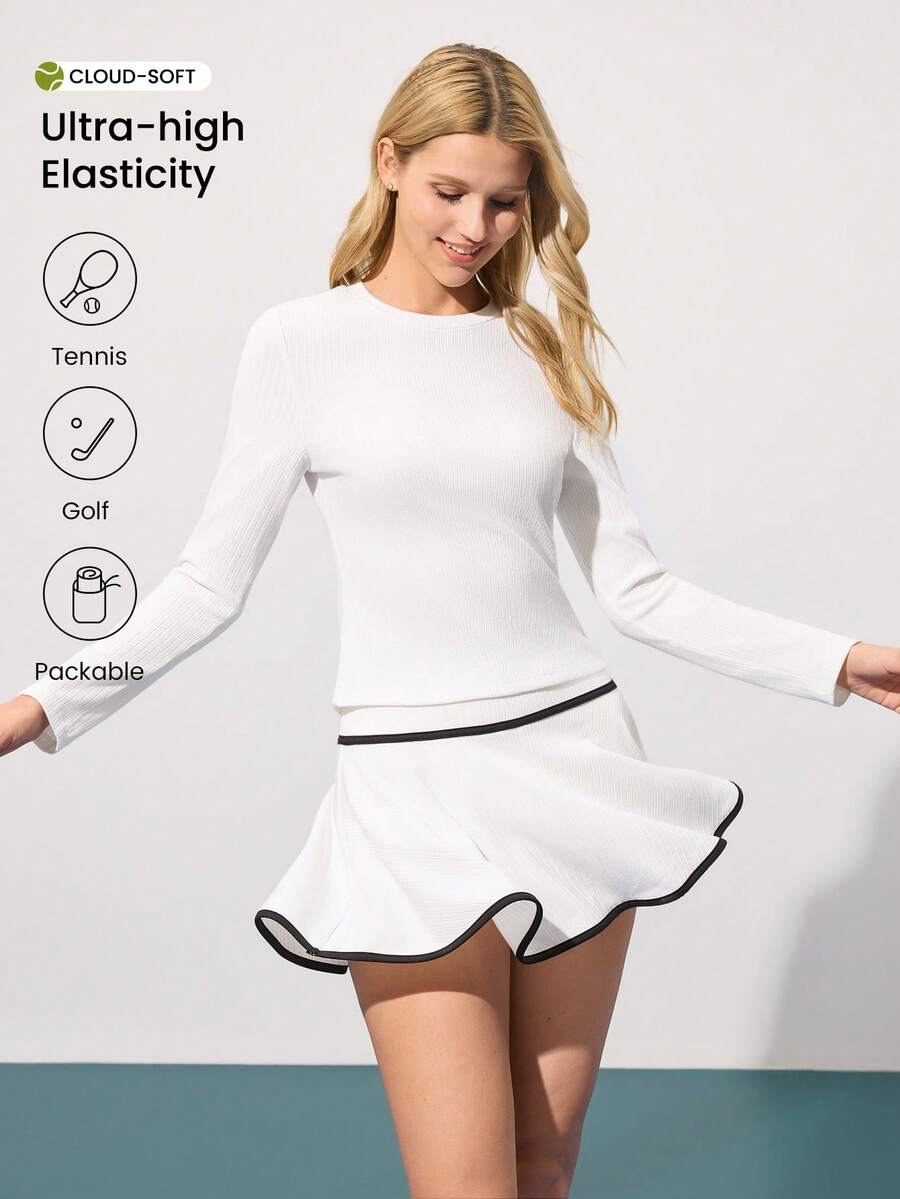 CourtClass CourtClass Women's Round Neck Long Sleeve 2-Piece Sportswear Set,Black And White Contrast A-Line Skort Tennis Dress,Tummy Control Running Golf Athleisure Autumn - White - View 1