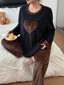 Dream Adore Plus Size Leopard Print Heart Embroidery Long Sleeve Top & Pants Cozy Fluffy Pajama Set, Autumn/Winter - Black - View 1