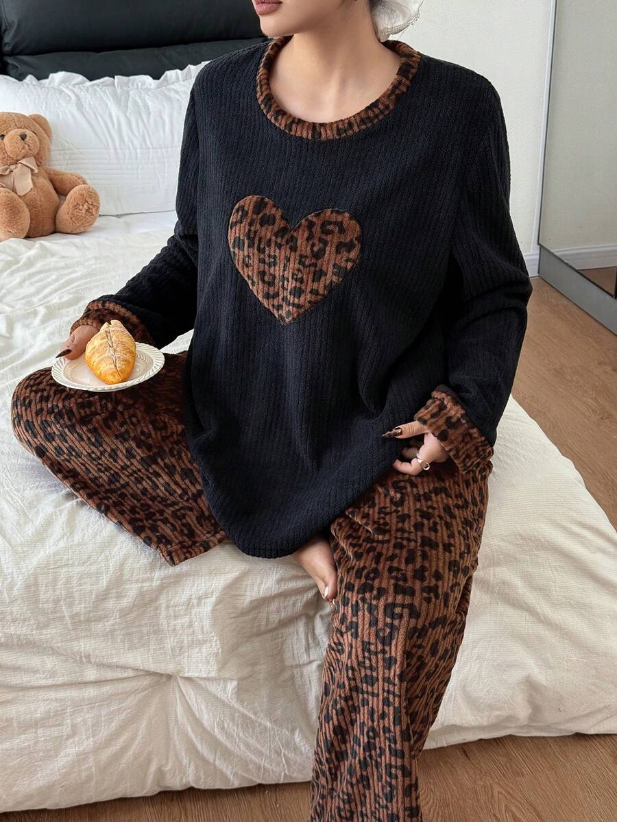 Dream Adore Plus Size Leopard Print Heart Embroidery Long Sleeve Top & Pants Cozy Fluffy Pajama Set, Autumn/Winter - Black - View 1