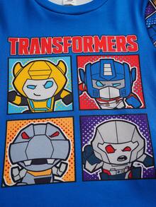 Transformers X SHEIN Set de 2 piezas de pijama con parte superior de manga larga de cuello redondo y estampado de letra y robot de dibujos animados, y leggings cómodos y elásticos para niño pequeño - Multicolor - Ver 7