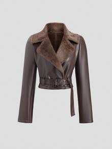 Sweetra Old Money Style Women Faux Fur Trim Short Jacket, Autumn/Winter - Brown - View 3