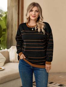 Rosumi كنزة صوفية مترهلة بياقة طاقم بلون أسود وبني وقطع ملونة وخطوط نقطية بمقاس كبير، للاستخدام في الخريف/الشتاء بشكل عادي