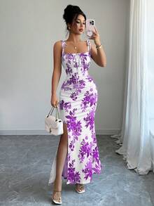 Elenzga New Arrival Women's Spaghetti Strap Tie Bow Waist Ruffle Hem Slit Design Dress, Versatile For Dates, Parties, Daily Wear, Flattering & Elegant - Purple - View 8