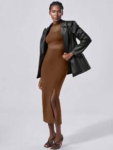 Lumivelle Lightweight And Elegant Mesh Dress, Semi-Sheer Brown Knitted Long Skirt - Brown - View 3
