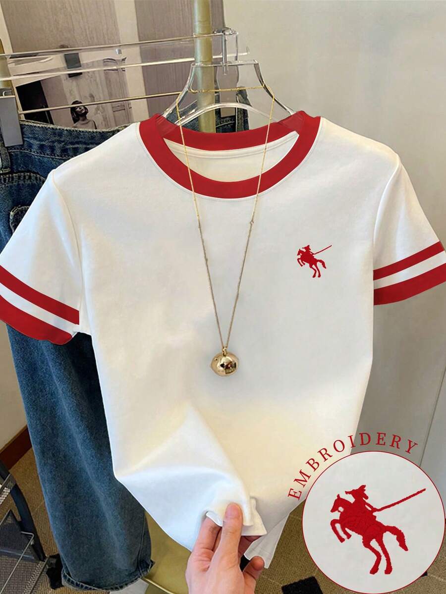 SHEIN 女款T恤/保罗图案印花/刺绣工艺/女士宽松休闲撞色圆领T恤上衣/春夏 - 彩色 - 查看 1
