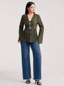 Veilorie 休闲纯色长袖修身女式衬衫 - 軍綠色 - 查看 4