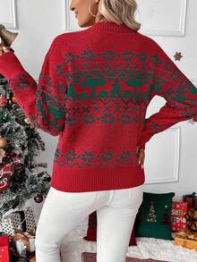 SHEIN LUNE Christmas Reindeer & Snowflake Pattern Dropped Shoulder Knit Sweater For New Year Clothes - Multicolor - View 2