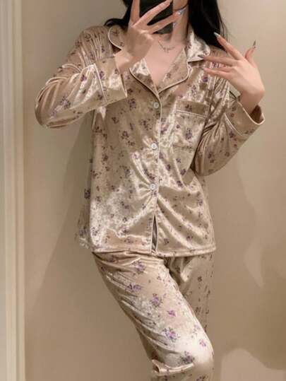 女童优雅紫色碎花柔软抓绒领开衫和裤子两件套睡衣套装