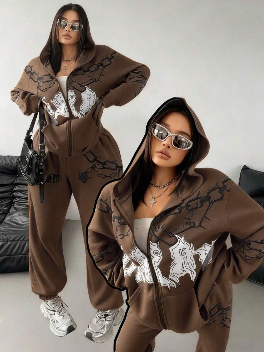 POPSWAY Bộ đồ thể thao in họa tiết và quần nỉ, bộ đồ thể thao dệt kim cỡ lớn cho mùa thu/đông - màu nâu - Xem 1