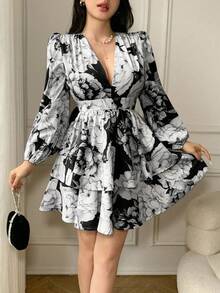 Celisse 女士深V领印花长袖荷叶边下摆性感时尚迷你连衣裙 - 黑色 - 查看 6