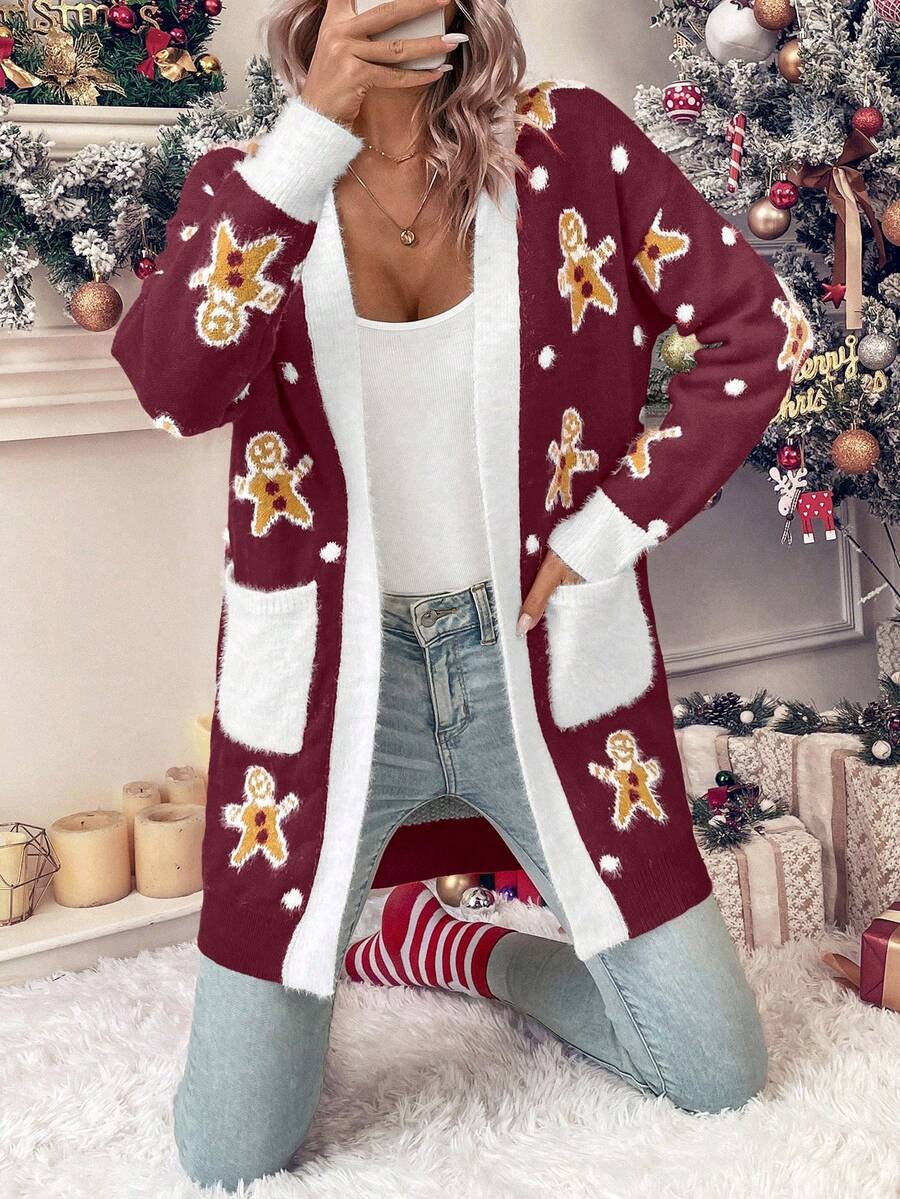 SHEIN LUNE Bear Pattern Dual Pocket Contrast Trim Dual Pocket Cardigan For New Year Clothes - Red - View 1